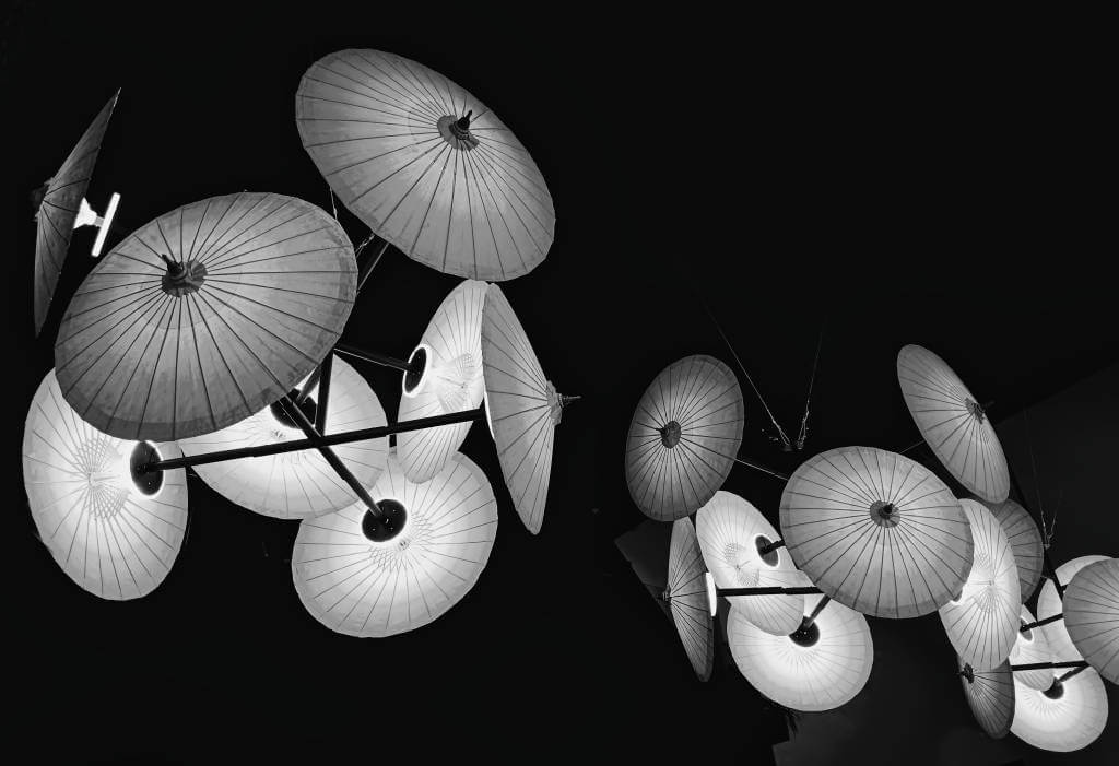 umbrellas used as decoration in a restaurant