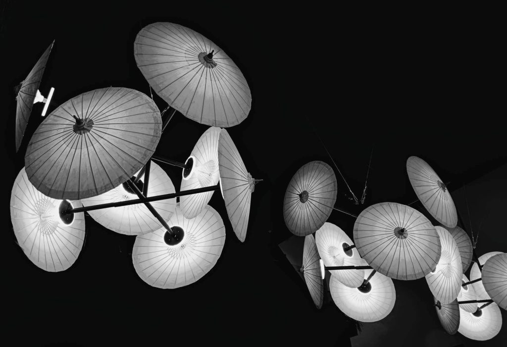 Umbrellas used as overhead decorations in a restaurant